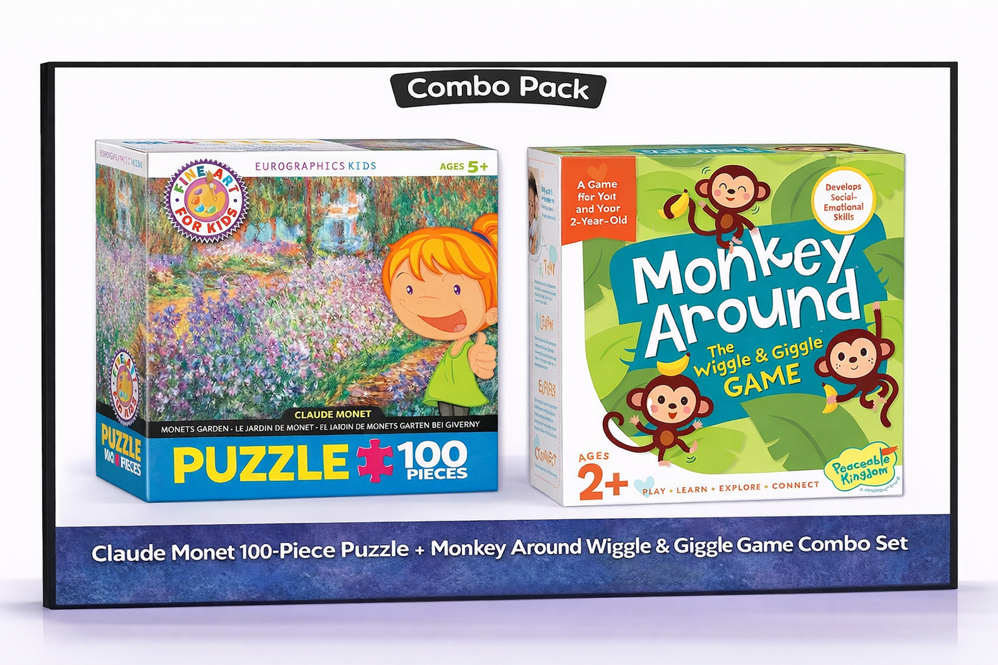 Claude Monet 100-Piece Puzzle + Monkey Around Wiggle & Giggle Game Combo Set (Fun & Learning for Kids)