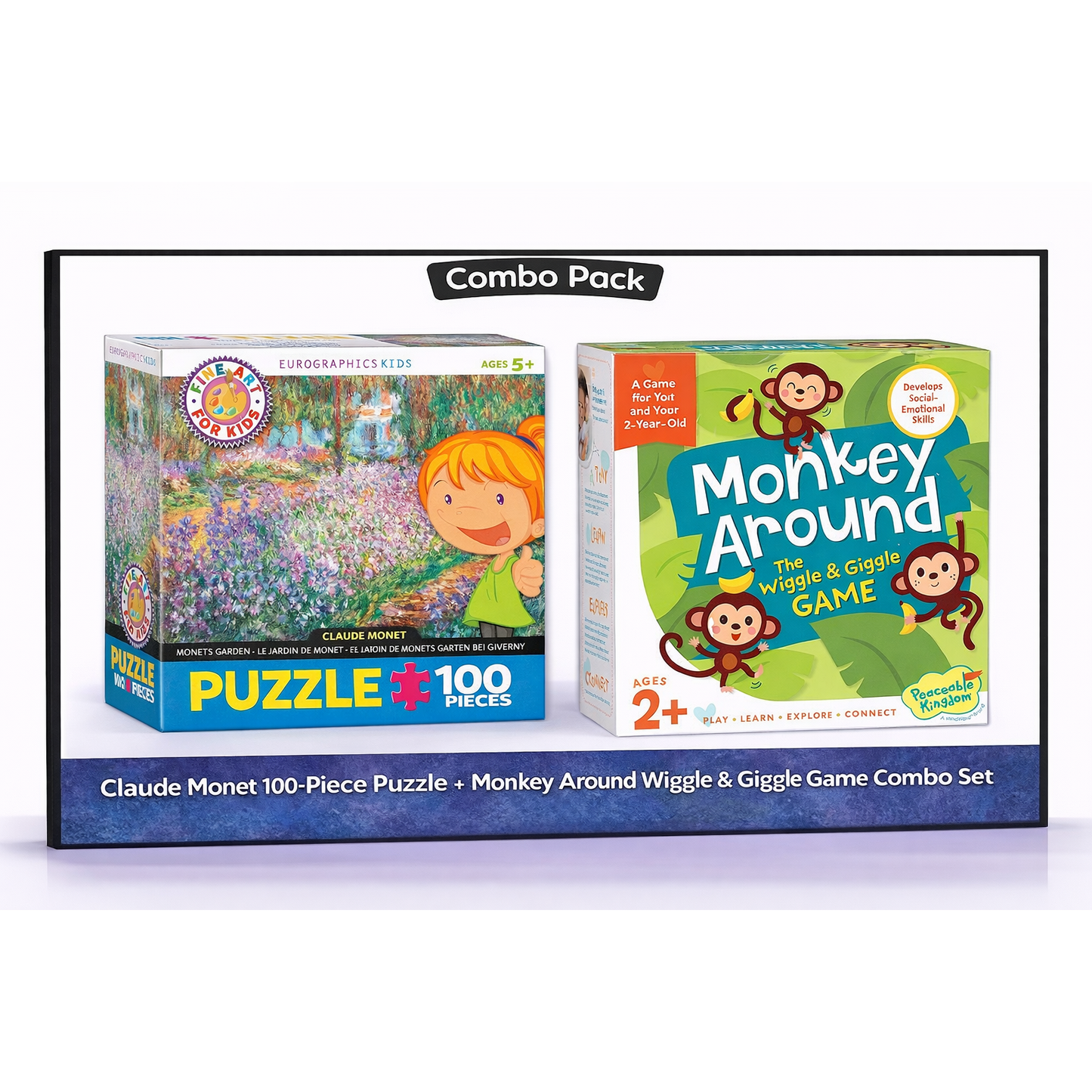 Claude Monet 100-Piece Puzzle + Monkey Around Wiggle & Giggle Game Combo Set (Fun & Learning for Kids)