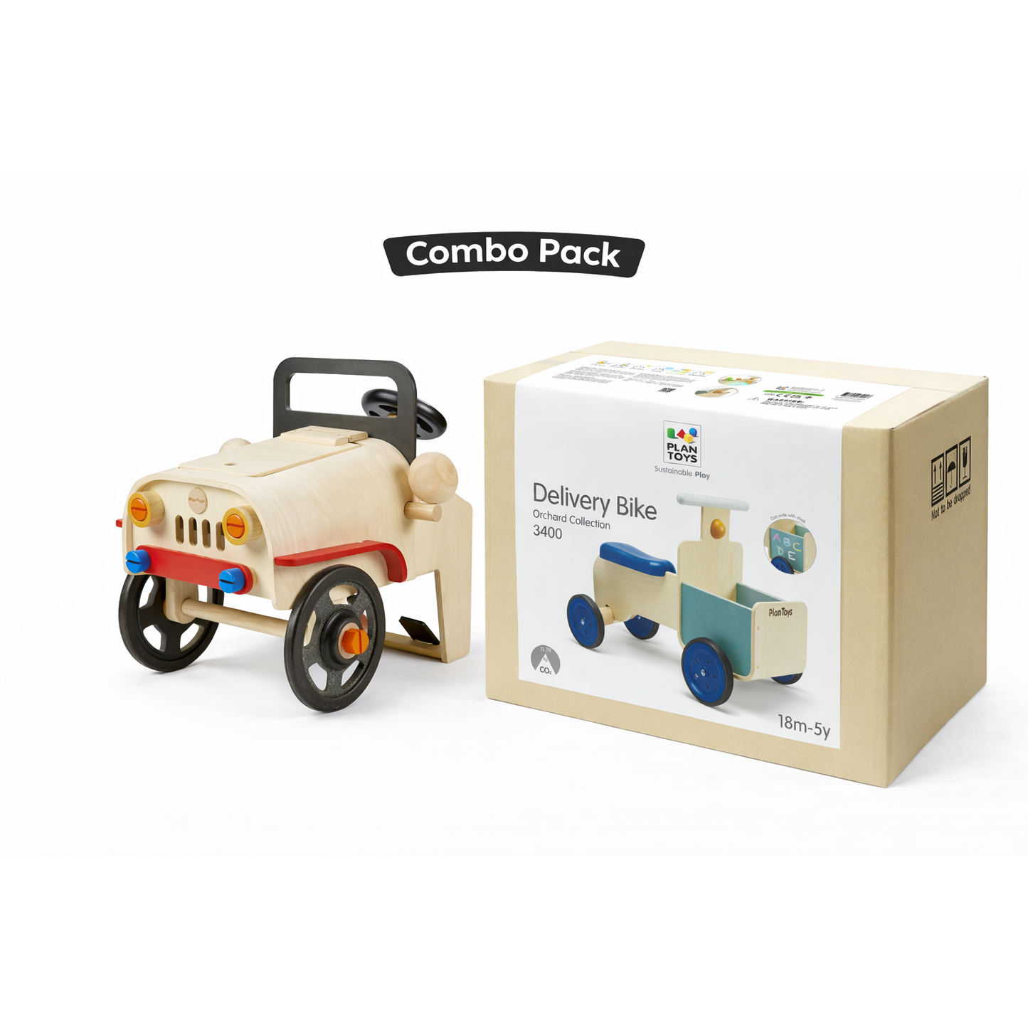 PlanToys Motor Mechanic + Delivery Bike Combo Set (Wooden Role Play & Ride Toys for Kids)