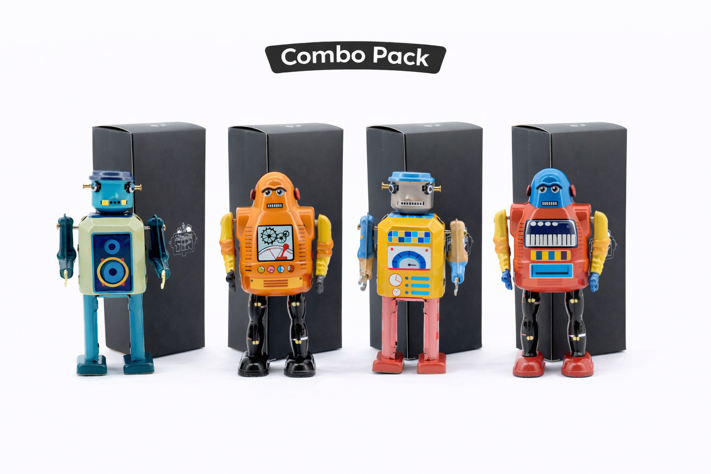 For Design Savvy – Mr & Mrs Tin Vintage 4-Piece Robot Combo Pack (Retro Mechanical Robot Set)