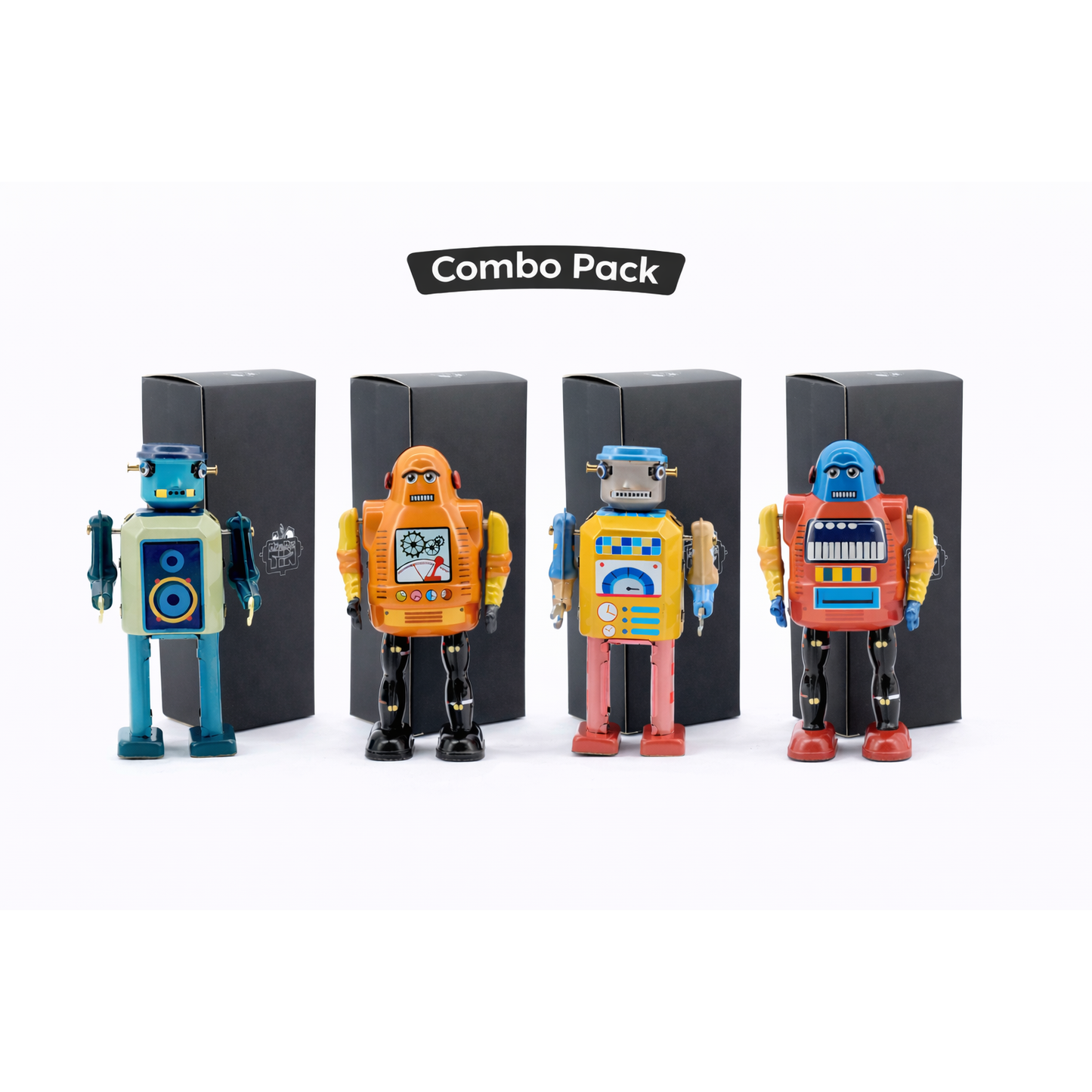 For Design Savvy – Mr & Mrs Tin Vintage 4-Piece Robot Combo Pack (Retro Mechanical Robot Set)