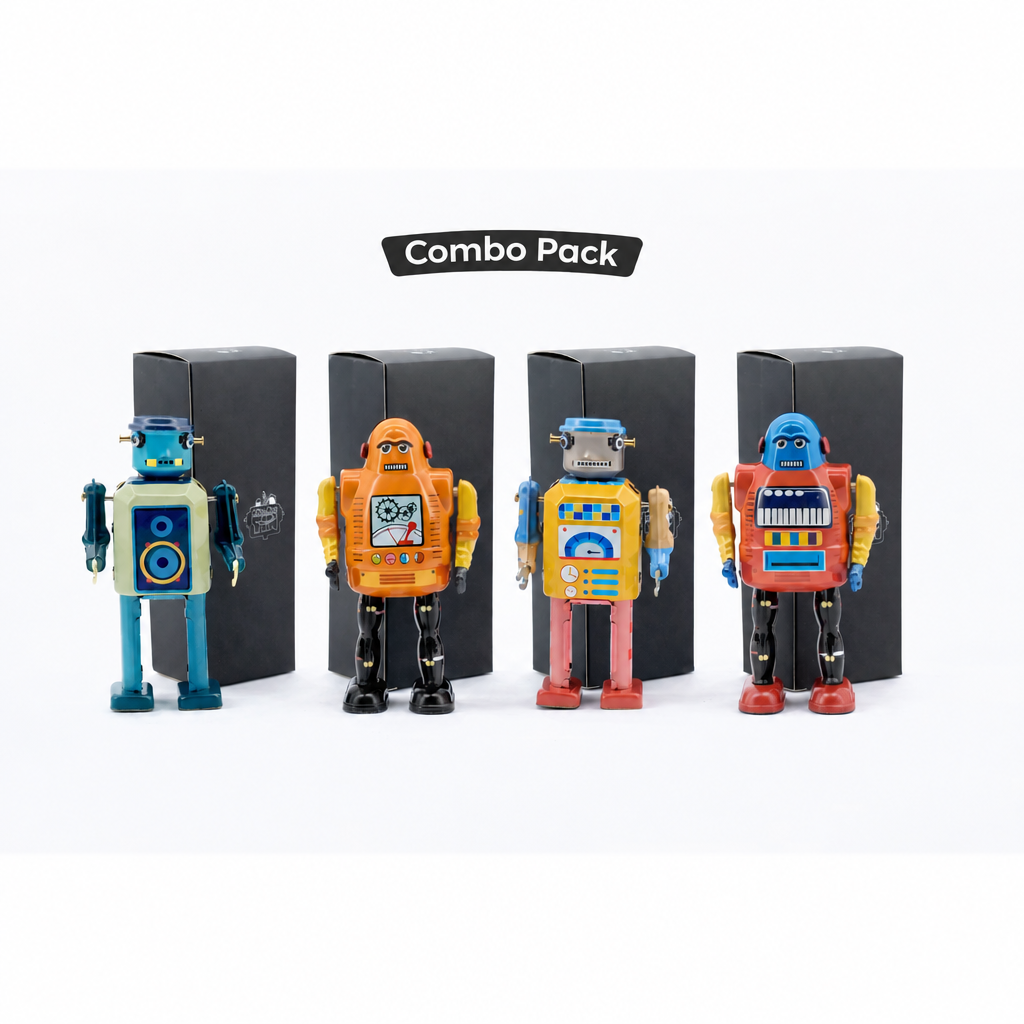 For Design Savvy – Mr & Mrs Tin Vintage 4-Piece Robot Combo Pack (Retro Mechanical Robot Set)