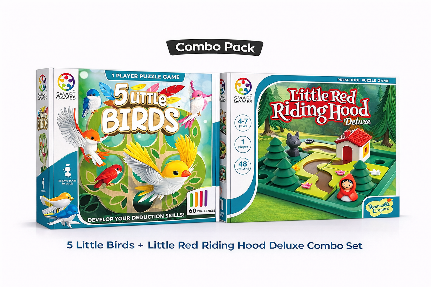 Smart Games Premium Puzzle Combo Pack – 5 Little Birds + Little Red Riding Hood Deluxe (STEM Learning Toy for Kids)