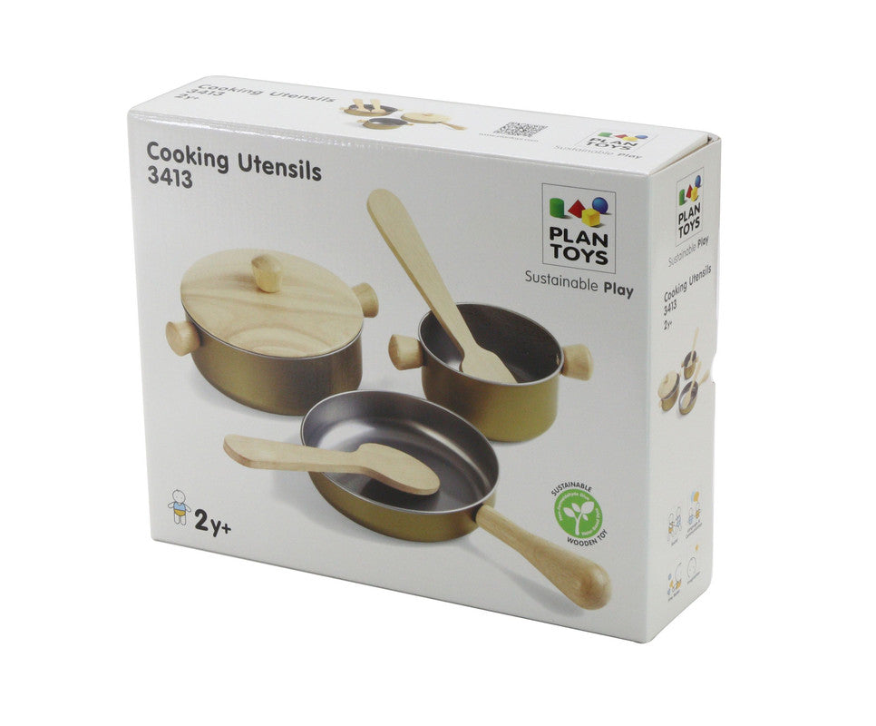 PlanToys Cooking Utensil Set — Wooden Kitchen Tools