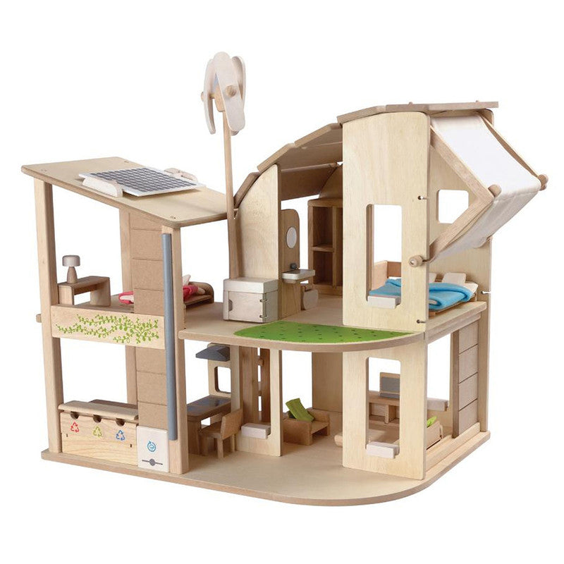 PlanToys Green Dollhouse With Furniture — Eco-Friendly Wooden Dollhouse