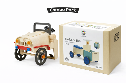 PlanToys Motor Mechanic + Delivery Bike Combo Set (Wooden Role Play & Ride Toys for Kids)