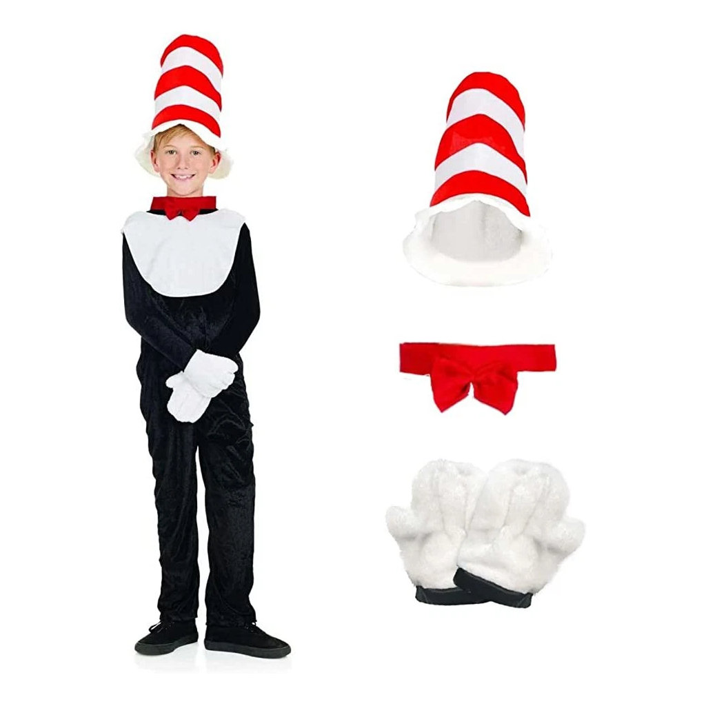 Mr Tom Costume for Kids – Black Jumpsuit with Striped Hat, Bow Tie & Gloves | 6–8 Years