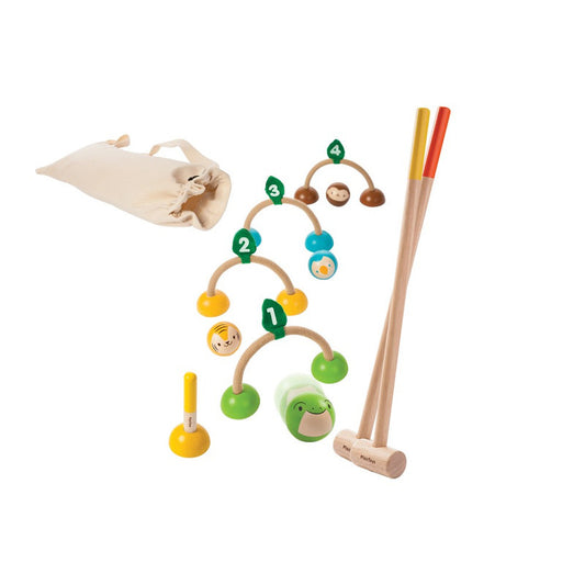 A colorful croquet set made of wood, including animal-shaped balls, mallets, wickets, and a final stand, with a small carrying bag.