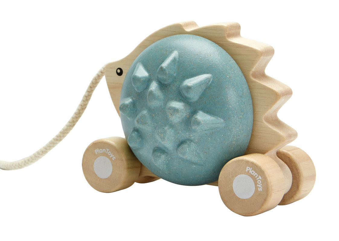 PlanToys Pull-Along Hedgehog — Blue Wooden Pull Toy
