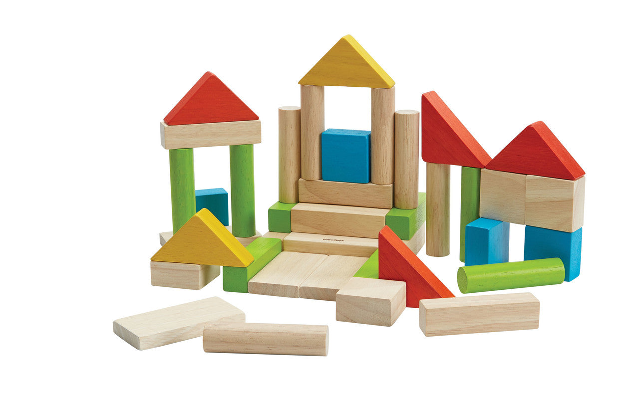 PlanToys Colorful 40 Unit Blocks — Wooden Building Blocks