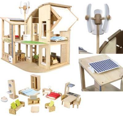 PlanToys Green Dollhouse With Furniture — Eco-Friendly Wooden Dollhouse