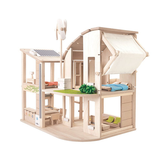 PlanToys Green Dollhouse With Furniture — Eco-Friendly Wooden Dollhouse